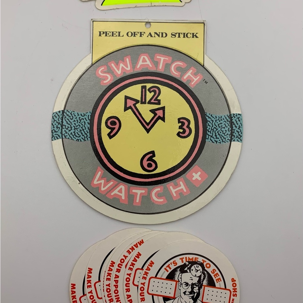 Lot 12 Vintage 80's Swatch Watch Stickers Peel & Stick Rare Promo Label Ad Tags